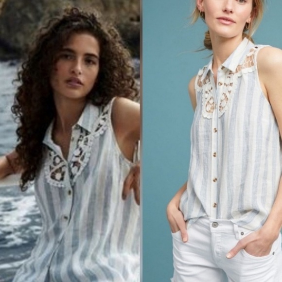 MAEVE Anthropologie Blue White Linen Lace Sleeveless Edinboro Top Small - Picture 2 of 8